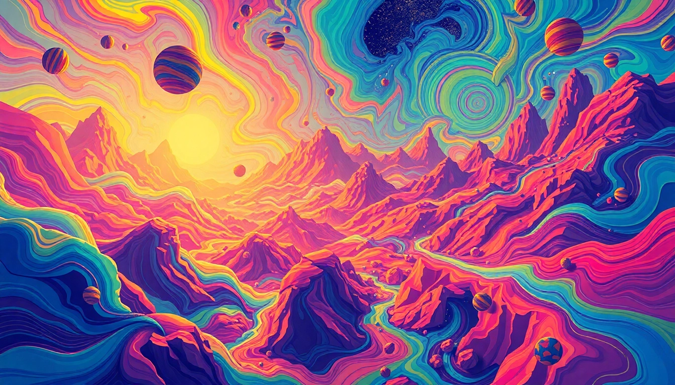 Buy LSD online and explore vibrant psychedelic art showcasing surreal landscapes and cosmic elements.