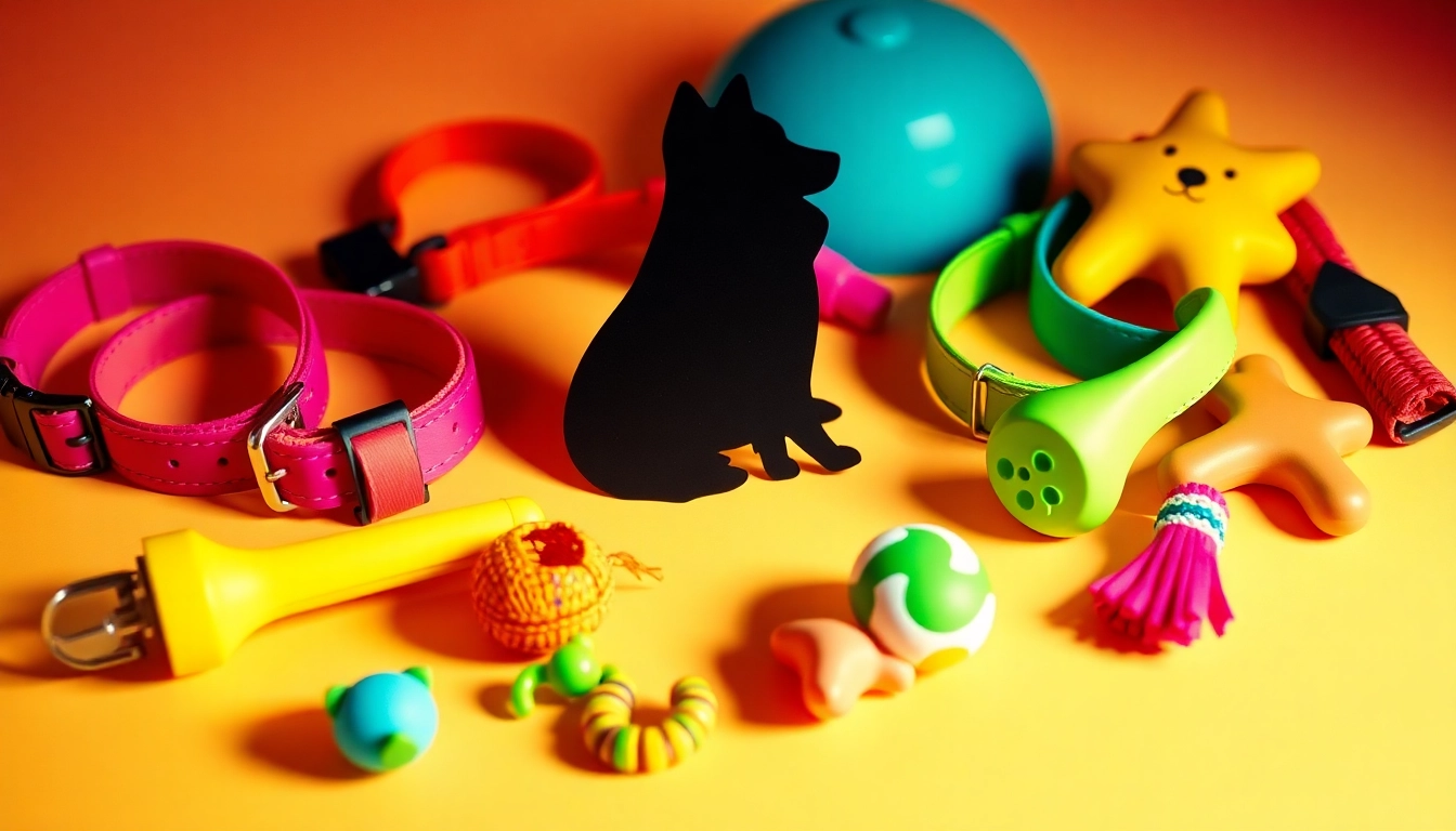 Showcase trendy pet accessories like collars and toys for dogs and cats in a vibrant layout.