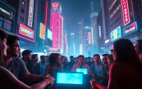 Engaging scene of people enjoying Sci-fi movie streaming in a vibrant neon cityscape.