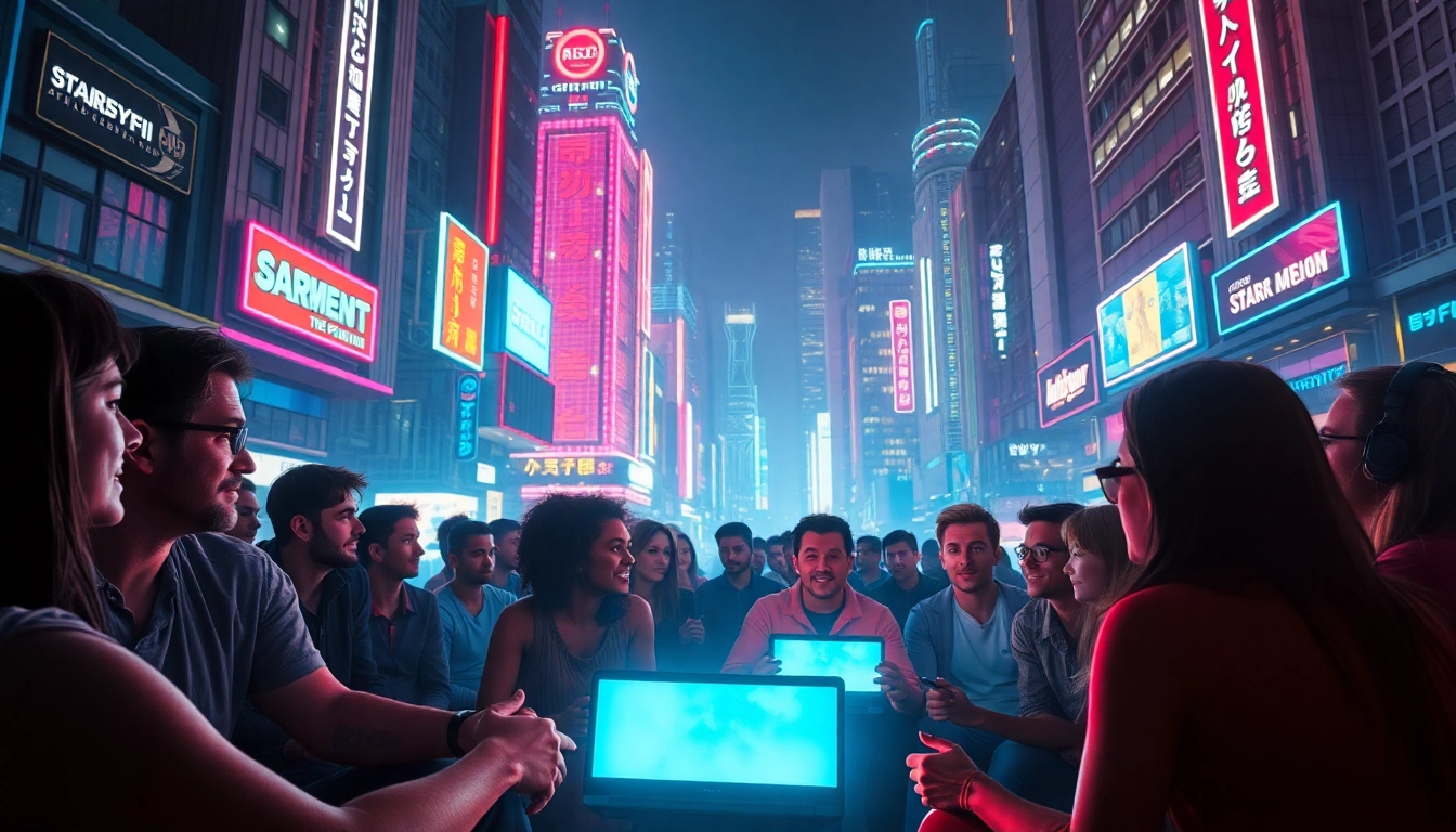 Engaging scene of people enjoying Sci-fi movie streaming in a vibrant neon cityscape.