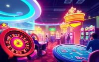 Engage in the thrilling world of online casino games with vibrant roulette wheels and glowing slot machines.