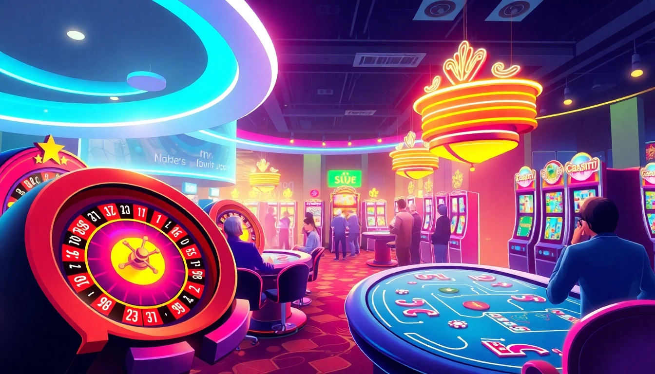 Engage in the thrilling world of online casino games with vibrant roulette wheels and glowing slot machines.