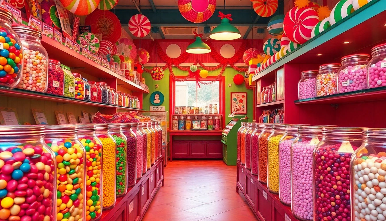Shop for the sweetest treats at a candy store near me, showcasing colorful jars of assorted candies.