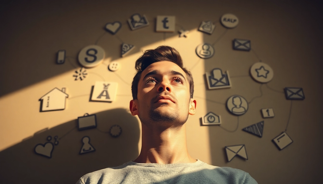 Illustrate a person reflecting on how to uncover your natural aptitude surrounded by symbols of diverse skills and talents.