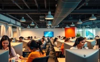 Agents working at a Tijuana call center, emphasizing professionalism and collaboration.