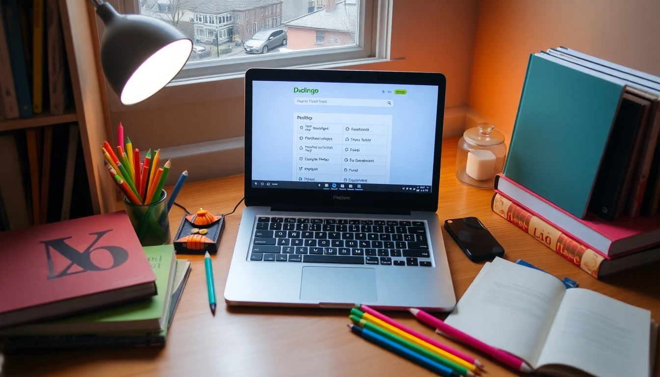 Take the Duolingo English practice test in a bright study space filled with books and learning materials.