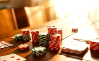 Players engaging in Rummy Wealth game with colorful cards and chips on a table, creating a vibrant atmosphere.