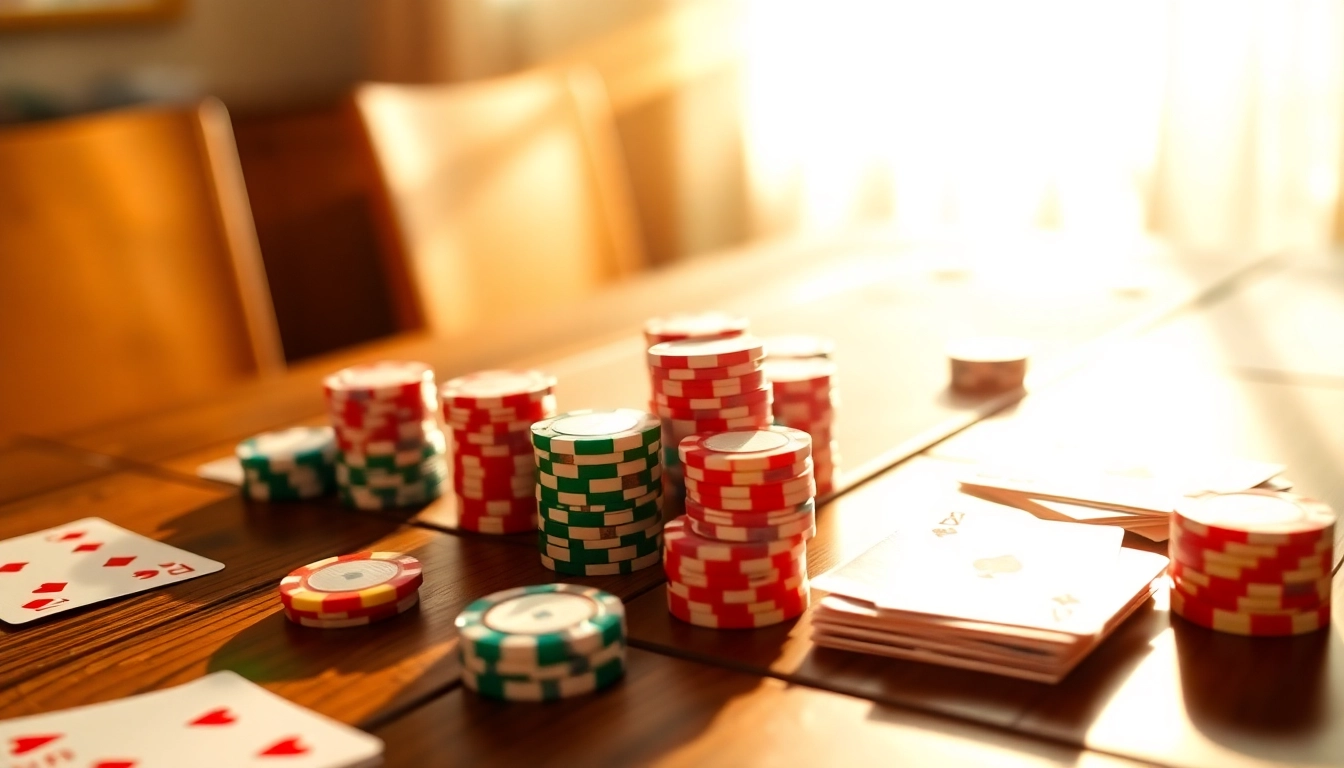 Players engaging in Rummy Wealth game with colorful cards and chips on a table, creating a vibrant atmosphere.