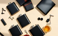 Showcase cheap groomsmen gifts like personalized keychains and flasks, beautifully arranged for gifting.