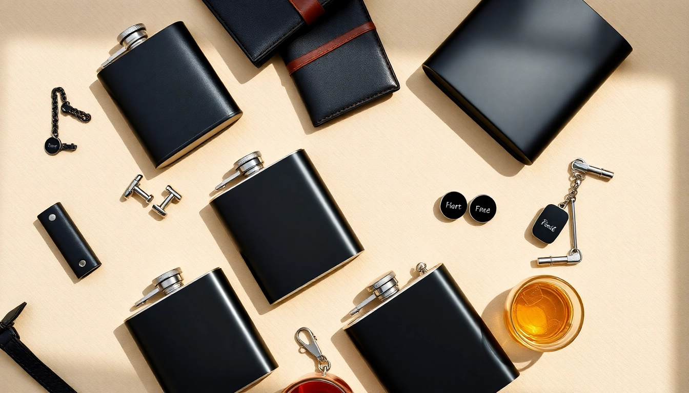 Showcase cheap groomsmen gifts like personalized keychains and flasks, beautifully arranged for gifting.
