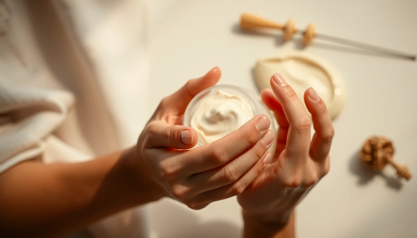 Hands applying moisturizing cream from a hand care company for healthy skin nourishment.