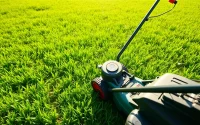 Lawn mowing service with neat patterns on a freshly cut lawn, highlighting quality care.