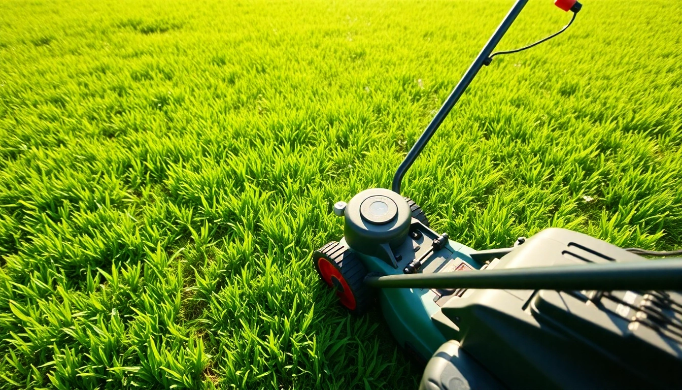 Lawn mowing service with neat patterns on a freshly cut lawn, highlighting quality care.