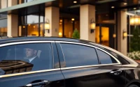 Experience professional chauffeur service Anchorage with a black sedan and attentive driver outside a hotel.