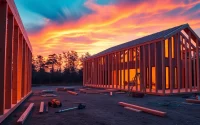 Showcase new home construction near me highlighting a cozy, wooden-framed house under the evening sky.