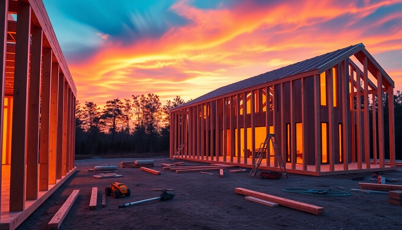 Showcase new home construction near me highlighting a cozy, wooden-framed house under the evening sky.