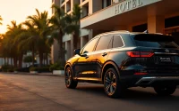 Luxury hire car with driver Accra showcasing a sleek black SUV parked outside an upscale hotel.