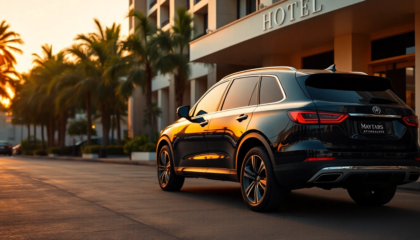Luxury hire car with driver Accra showcasing a sleek black SUV parked outside an upscale hotel.