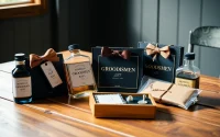 Showcase of affordable, personalized cheap groomsmen gifts like flasks and keychains on display.