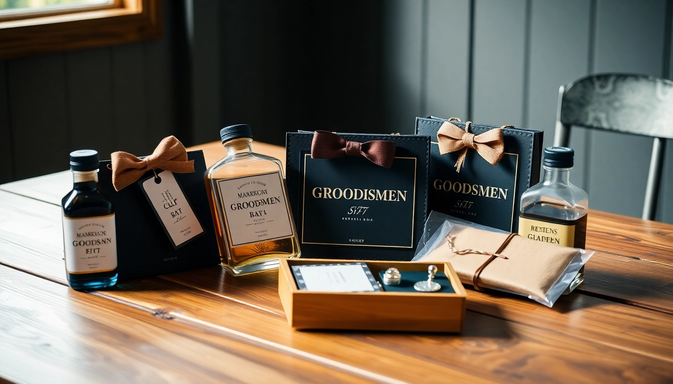 Showcase of affordable, personalized cheap groomsmen gifts like flasks and keychains on display.