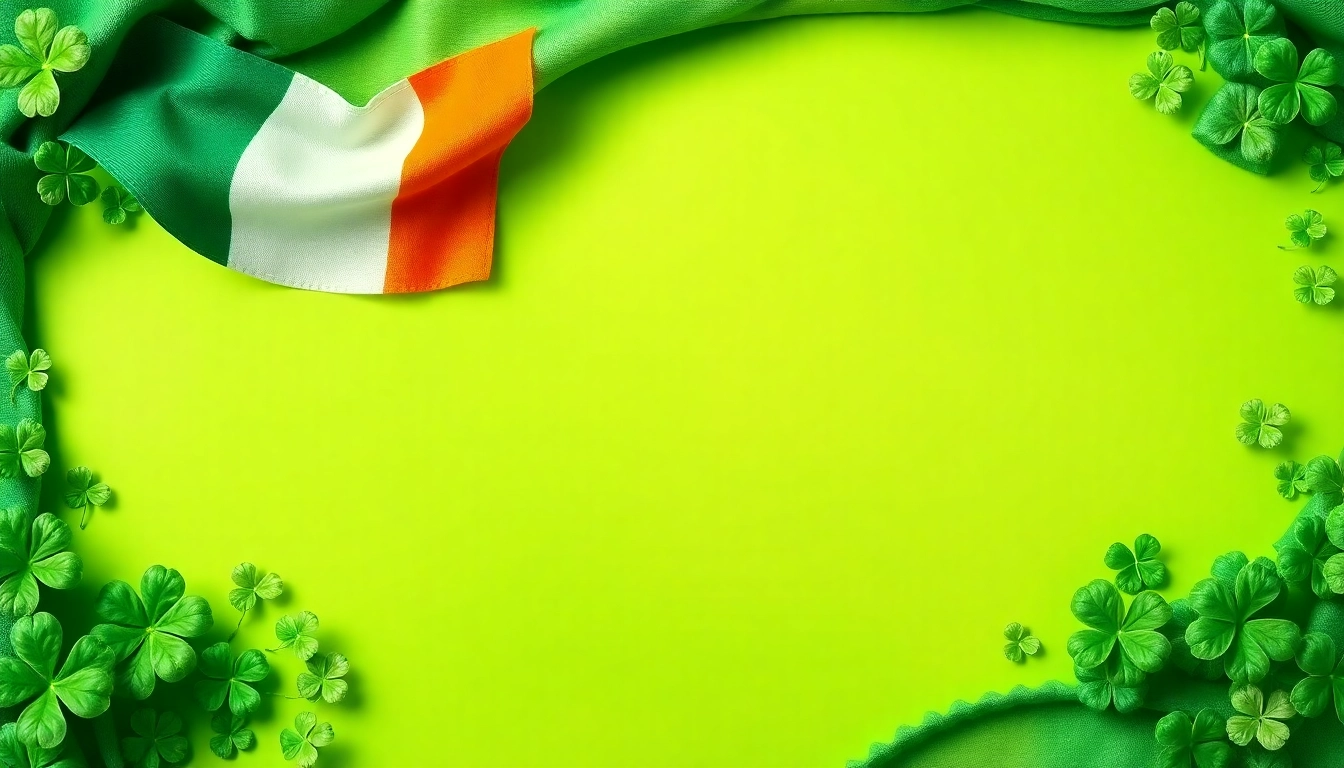 Create a festive banner Ireland design featuring shamrocks and the Irish flag in vibrant green hues, celebrating Irish heritage.