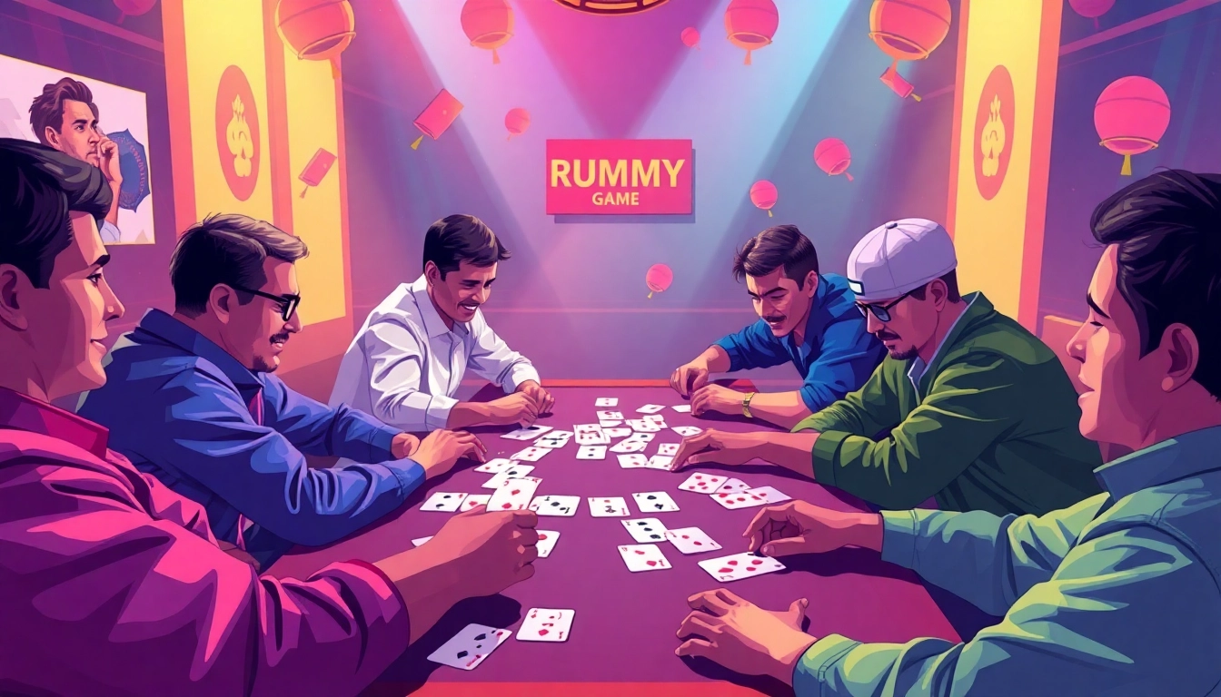 Engaged players enjoying a lively online rummy wealth game with vibrant cards and warm atmosphere.