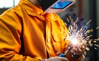 Welder in a durable welding jacket protecting against sparks and heat during welding.