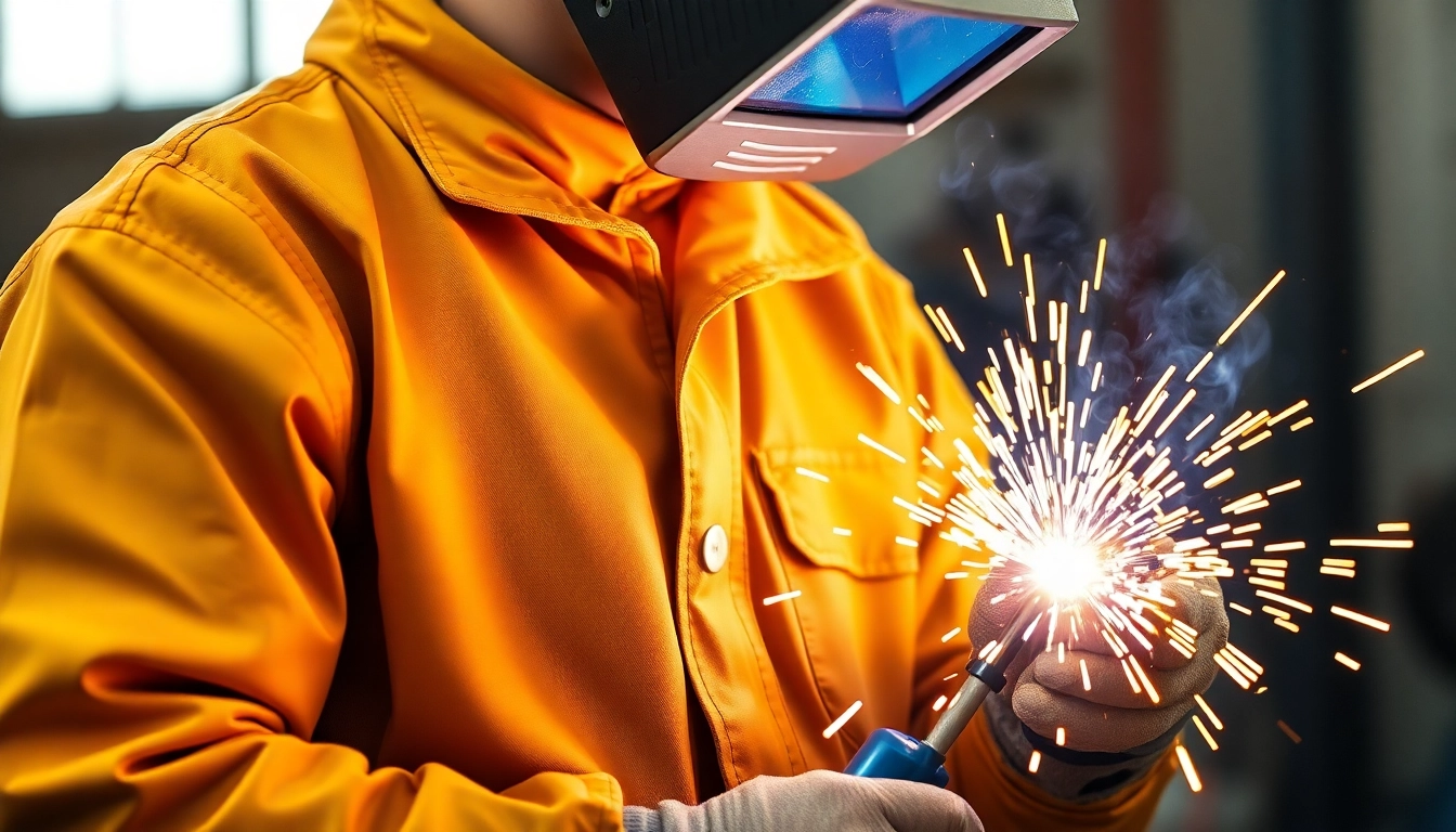 Welder in a durable welding jacket protecting against sparks and heat during welding.