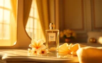 Scenting the air with Soleil Dor fragrance, the luxurious bottle glistens in soft sunlight on an elegant vanity.