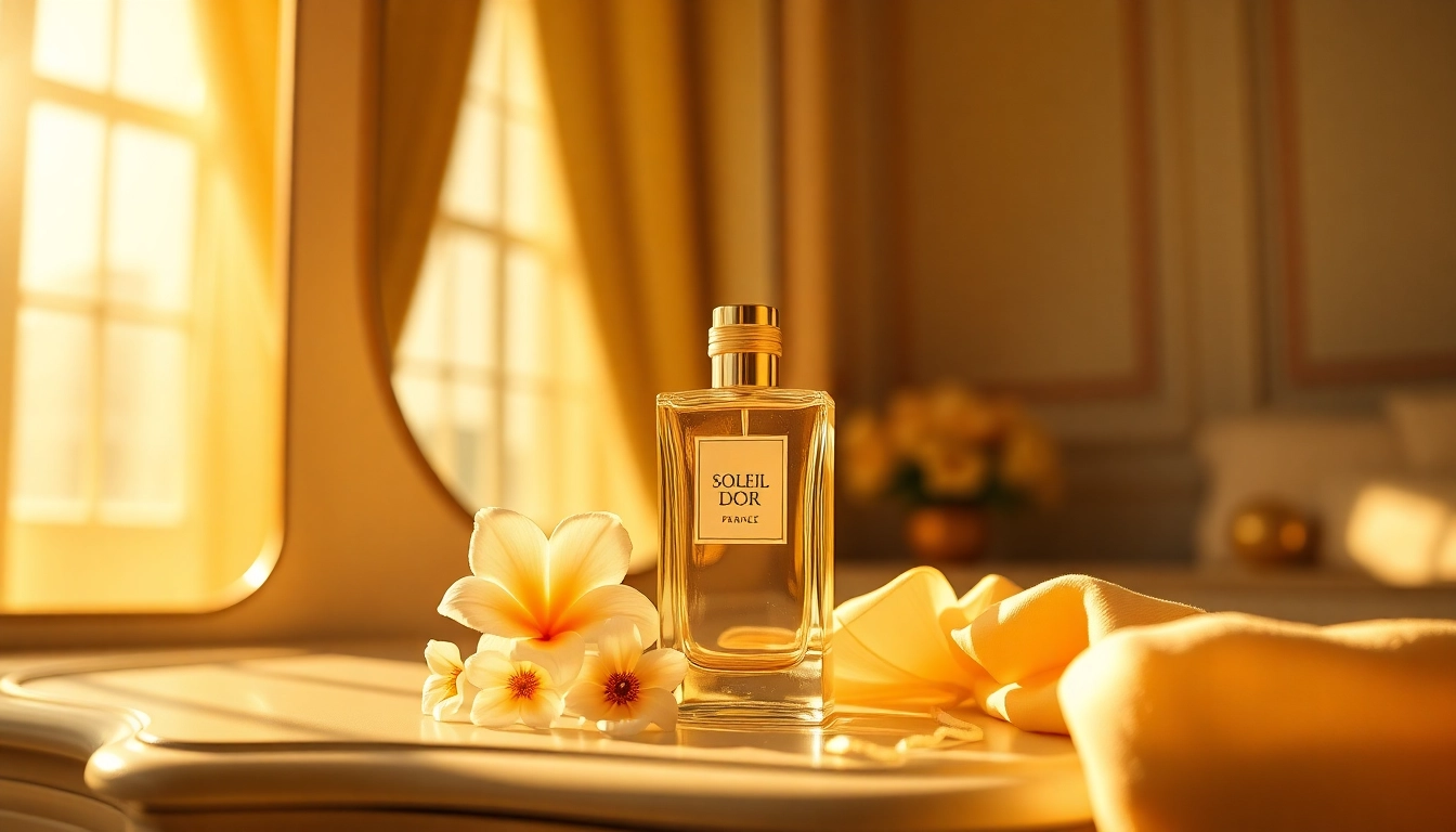 Scenting the air with Soleil Dor fragrance, the luxurious bottle glistens in soft sunlight on an elegant vanity.