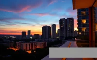 Showcase luxurious urban skyline with airbnb property for sale options illuminated at dusk.