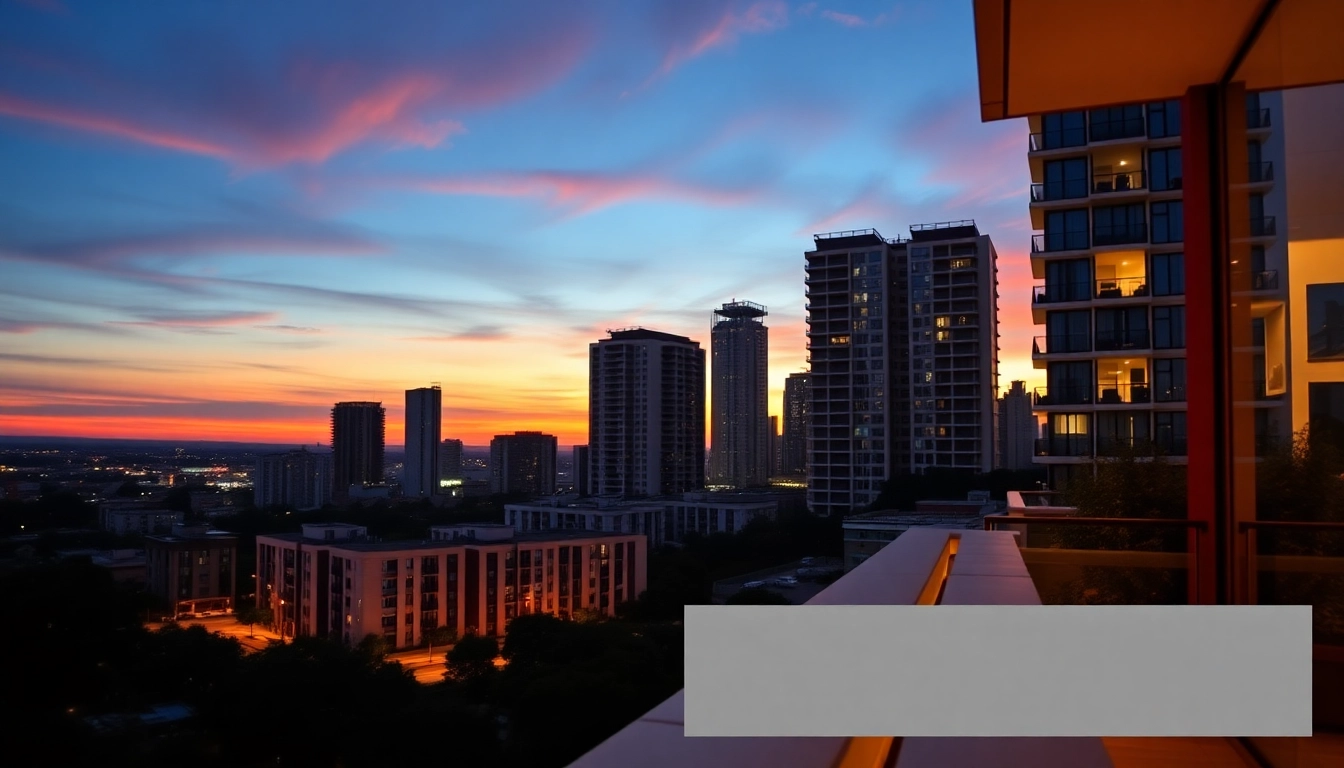 Showcase luxurious urban skyline with airbnb property for sale options illuminated at dusk.