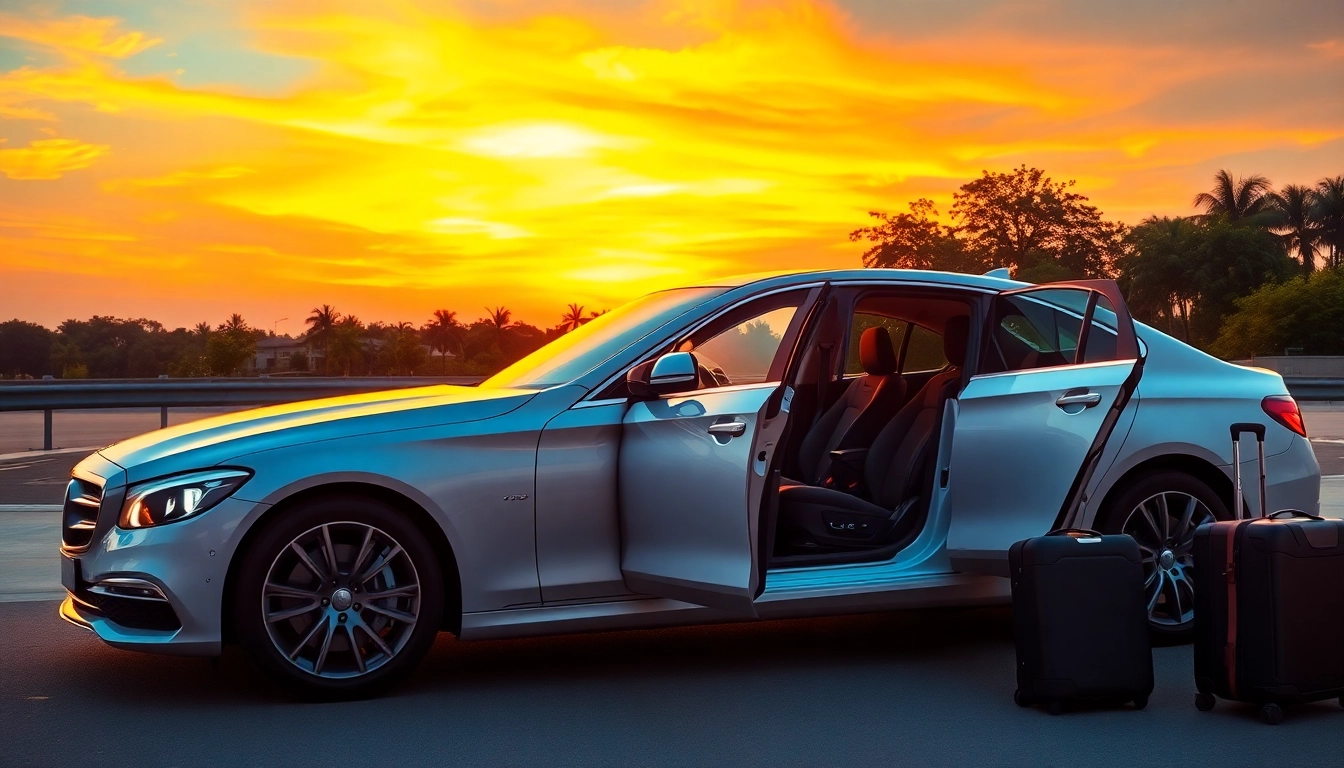 Experience a premium luxury hire car with driver Accra, showcasing its sleek design and elegance in a sunset scene.