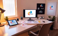 Showcasing a logo design service with vibrant sketches and creative tools on a desk.