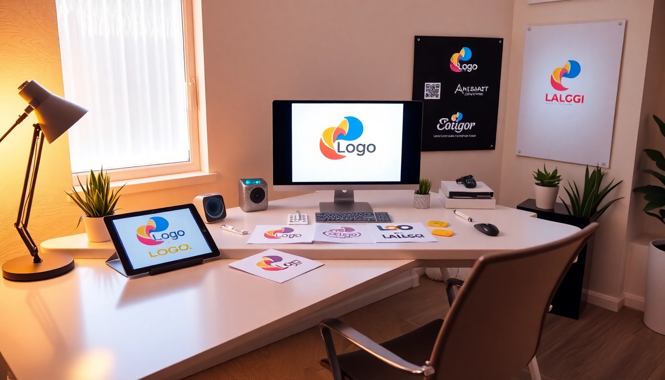 Showcasing a logo design service with vibrant sketches and creative tools on a desk.