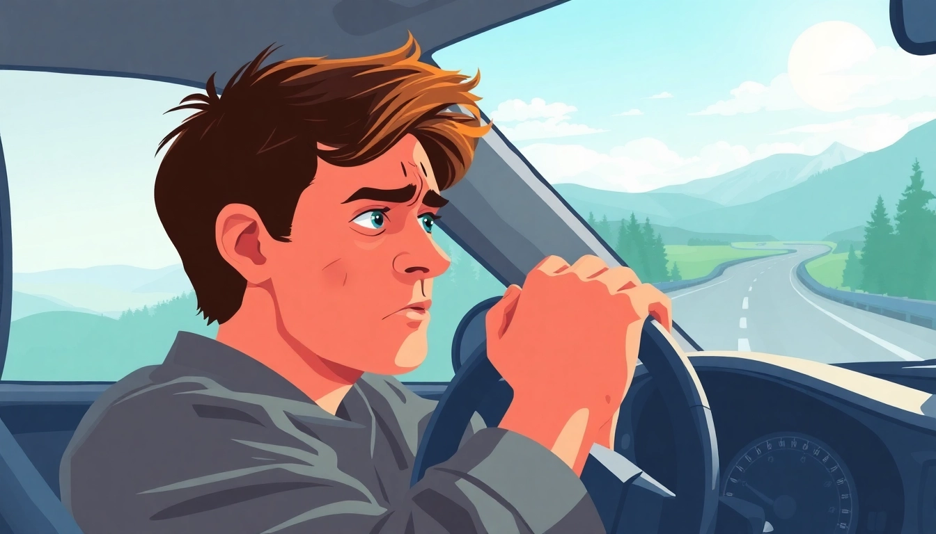 Person experiencing fear of driving, tightly gripping the steering wheel in a scenic landscape.