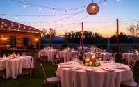 Set of elegant table rentals adorned with centerpieces, ready for an outdoor dining event.