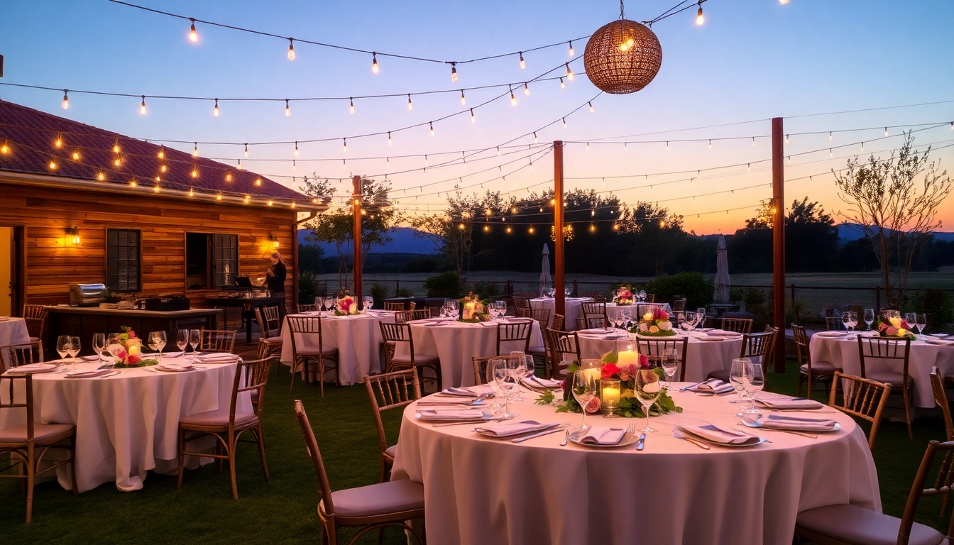 Set of elegant table rentals adorned with centerpieces, ready for an outdoor dining event.
