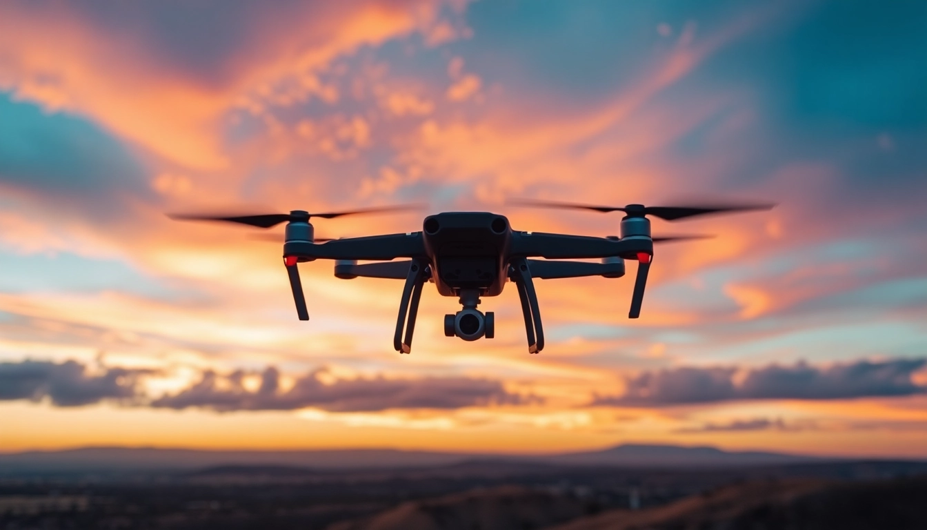 Capture stunning drone photography near me showcasing vibrant landscapes under a colorful sunset.