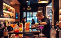 Engaging in a berlin cocktailkurs while a bartender crafts stylish cocktails in a vibrant bar.