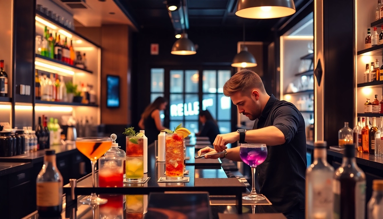 Engaging in a berlin cocktailkurs while a bartender crafts stylish cocktails in a vibrant bar.