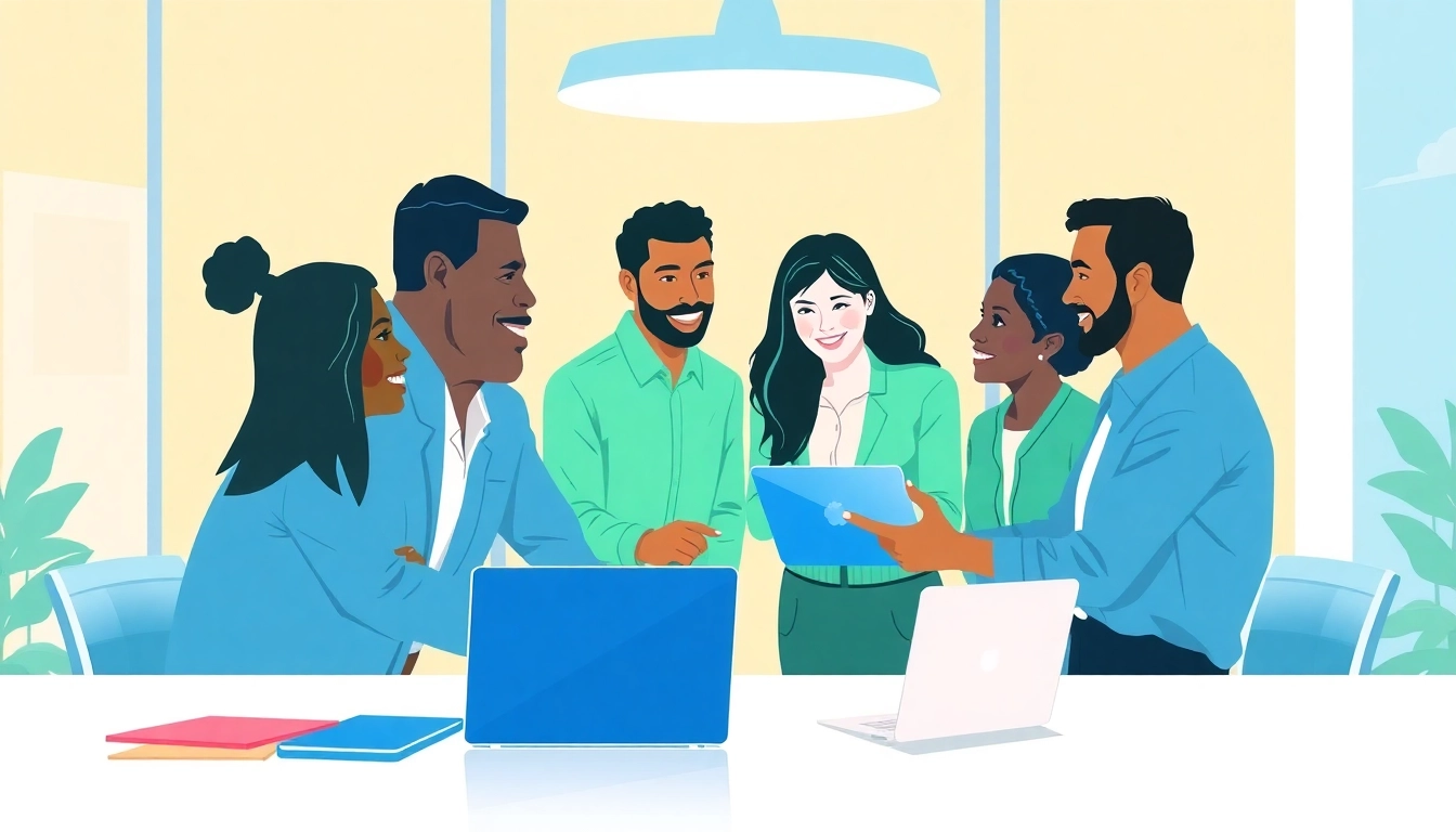 Engaging professionals collaborating on payroll solutions in a modern office environment.