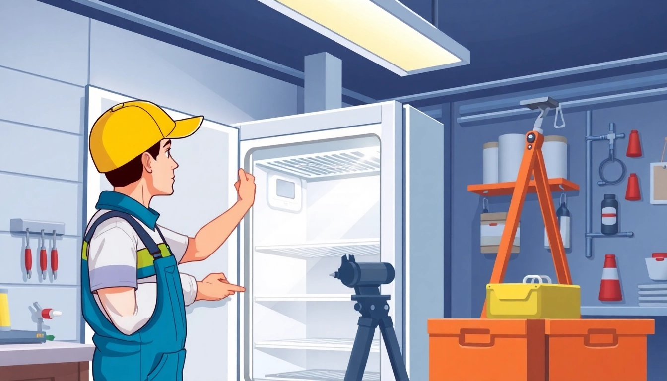 Technician performing walk in freezer repair with tools in a clean environment.