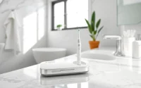 Bright teeth whitening kit displayed elegantly in a modern bathroom setting for effective dental care.