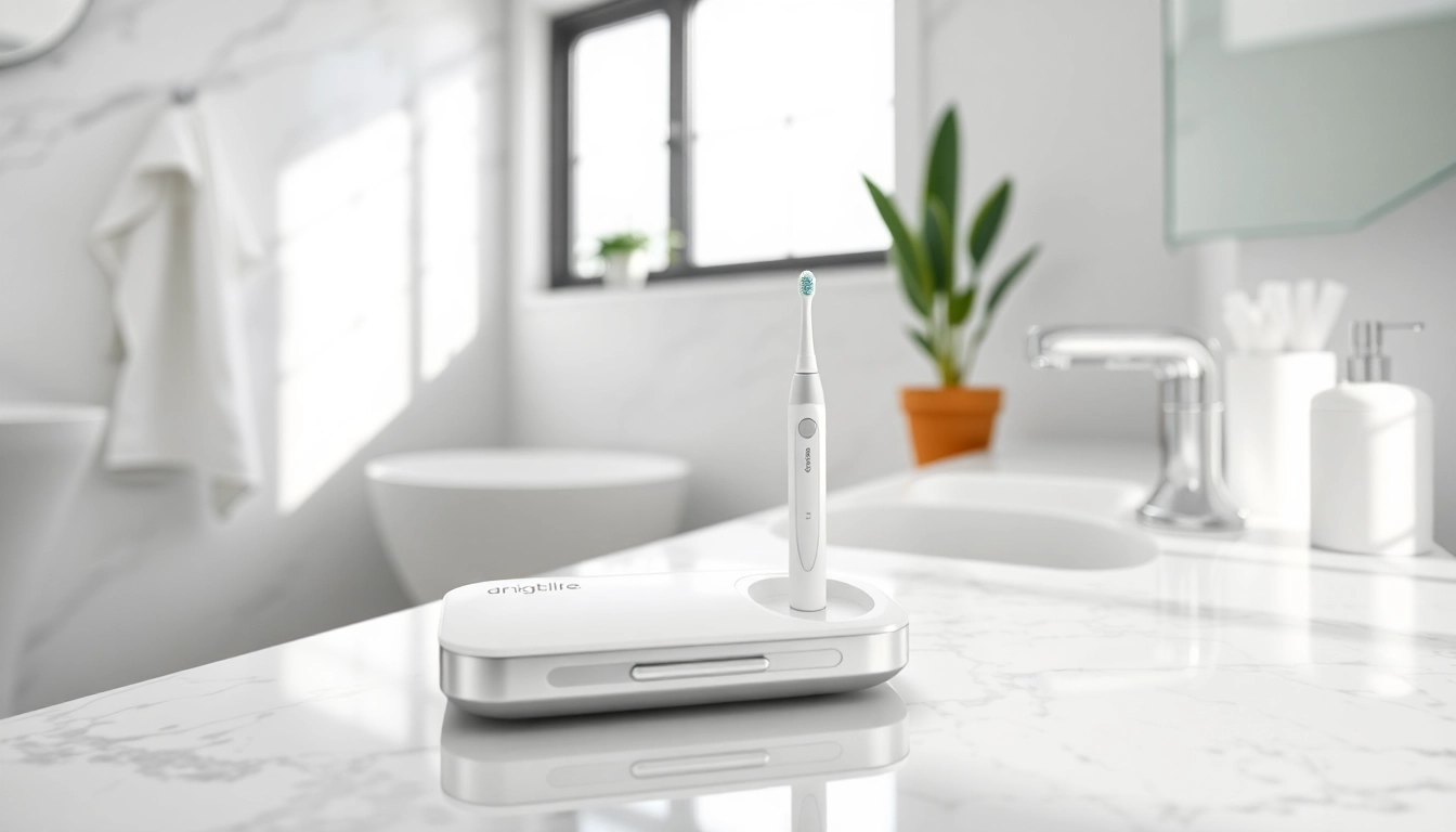 Bright teeth whitening kit displayed elegantly in a modern bathroom setting for effective dental care.