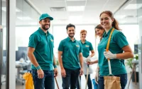 Jacksonville commercial cleaning team efficiently cleaning a modern office space, showcasing teamwork and professionalism.