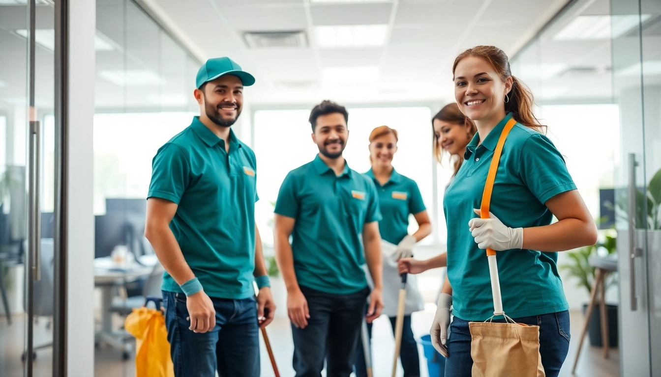 Jacksonville commercial cleaning team efficiently cleaning a modern office space, showcasing teamwork and professionalism.