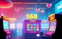 Experience the thrilling world of สล็อต168 with a neon-themed online casino featuring vibrant slot machines.