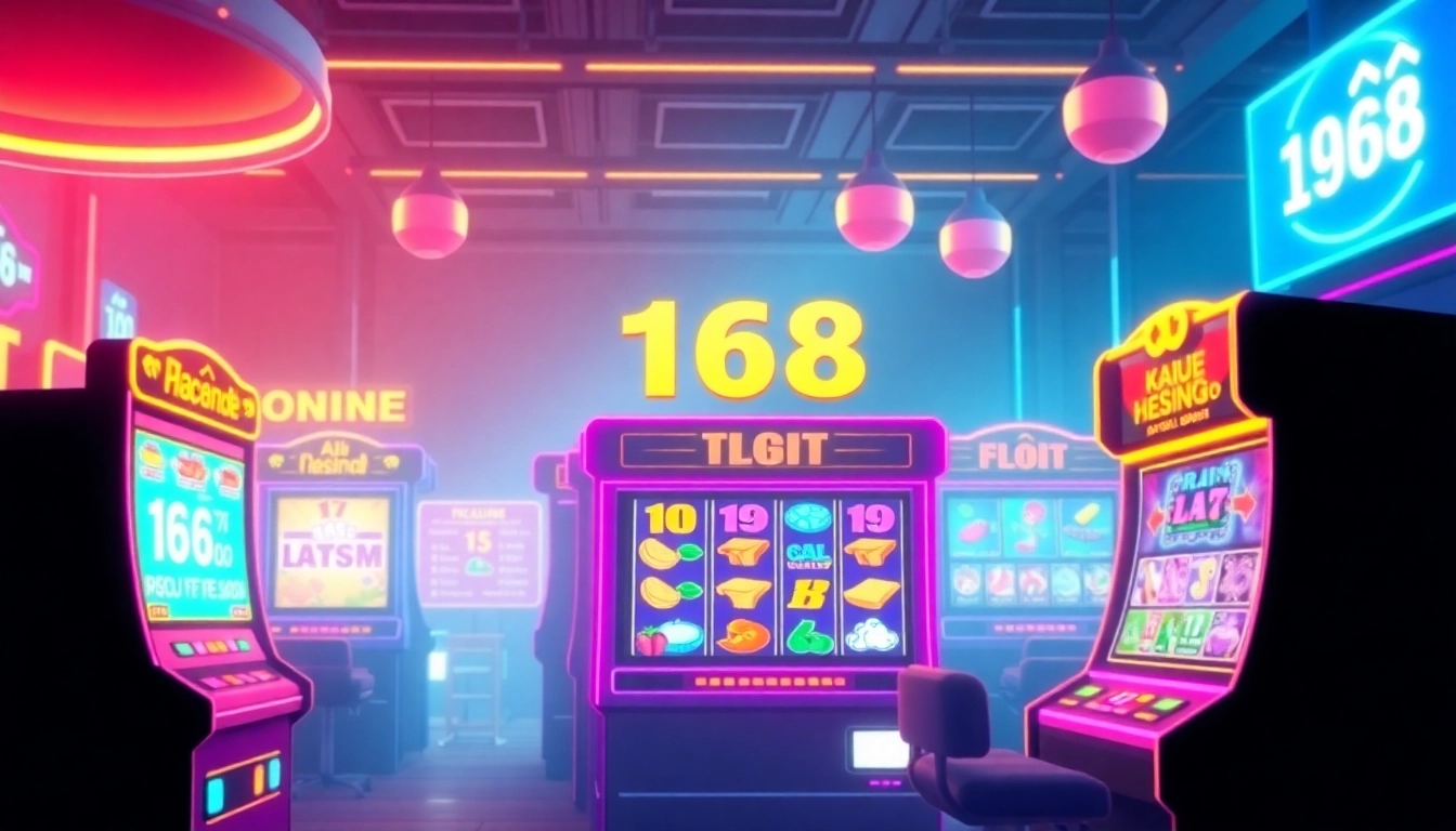 Experience the thrilling world of สล็อต168 with a neon-themed online casino featuring vibrant slot machines.