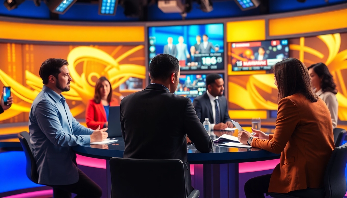 Journalists reporting live news at a bustling news desk, showcasing diverse coverage of current events.
